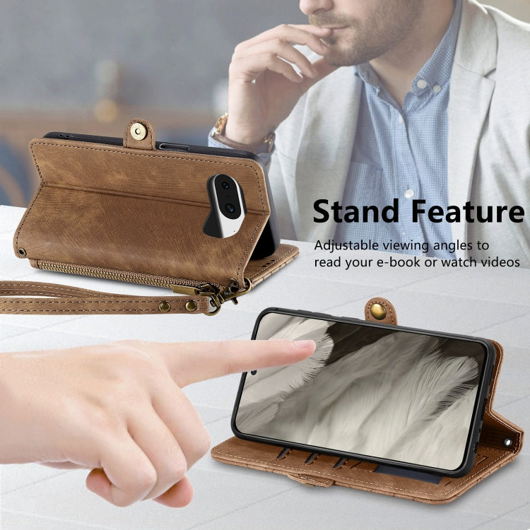 For Google Pixel 8 Geometric Zipper Wallet Side Buckle Leather Phone Case(Brown) - Google Cases by buy2fix | Online Shopping UK | buy2fix