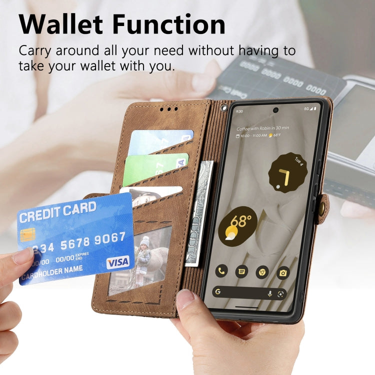 For Google Pixel 7a Geometric Zipper Wallet Side Buckle Leather Phone Case(Brown) - Google Cases by buy2fix | Online Shopping UK | buy2fix