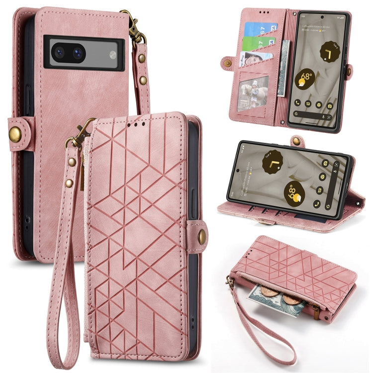 For Google Pixel 6a Geometric Zipper Wallet Side Buckle Leather Phone Case(Pink) - Google Cases by buy2fix | Online Shopping UK | buy2fix
