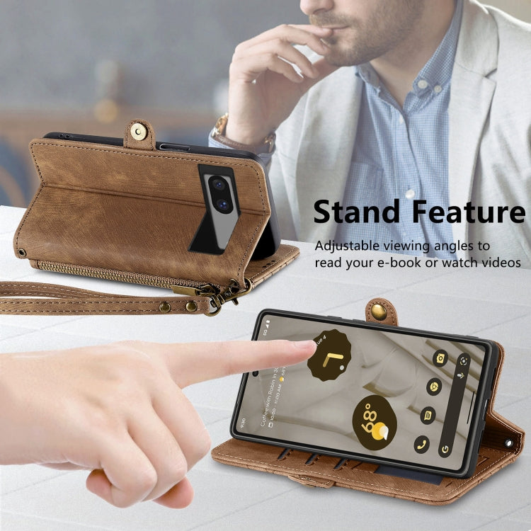For Google Pixel 6a Geometric Zipper Wallet Side Buckle Leather Phone Case(Brown) - Google Cases by buy2fix | Online Shopping UK | buy2fix