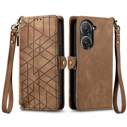 For ASUS Zenfone 9 Geometric Zipper Wallet Side Buckle Leather Phone Case(Brown) by buy2fix