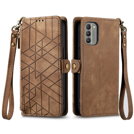 For Nokia G11/G21 Geometric Zipper Wallet Side Buckle Leather Phone Case(Brown) by buy2fix