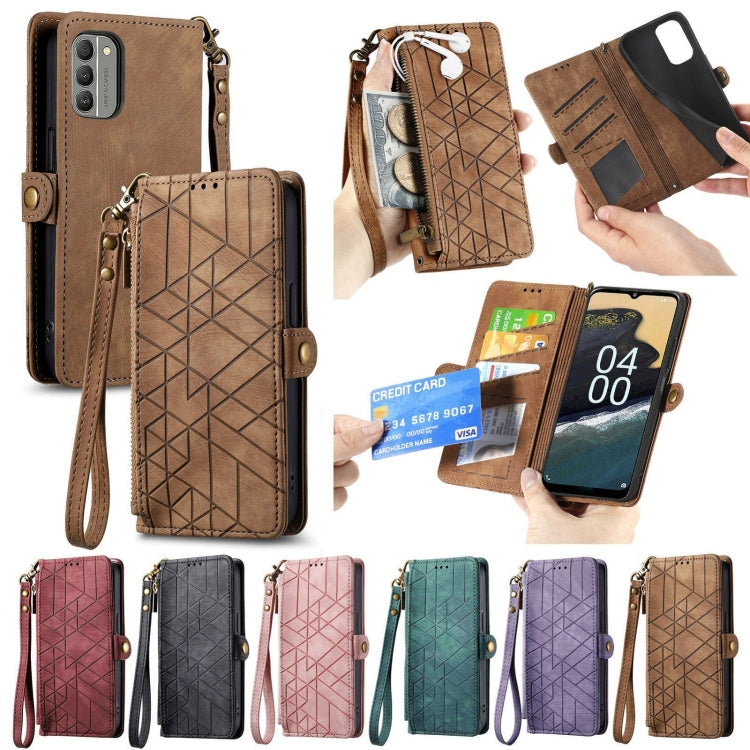 For Nokia C20 Geometric Zipper Wallet Side Buckle Leather Phone Case(Green) by buy2fix