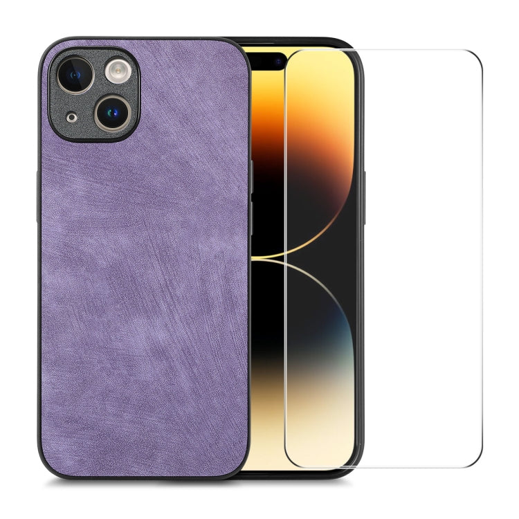 For iPhone 15 Plus ENKAY Retro Leather Skin PC Phone Case with High Aluminum-silicon Glass Film(Purple) - iPhone 15 Plus Cases by ENKAY | Online Shopping UK | buy2fix
