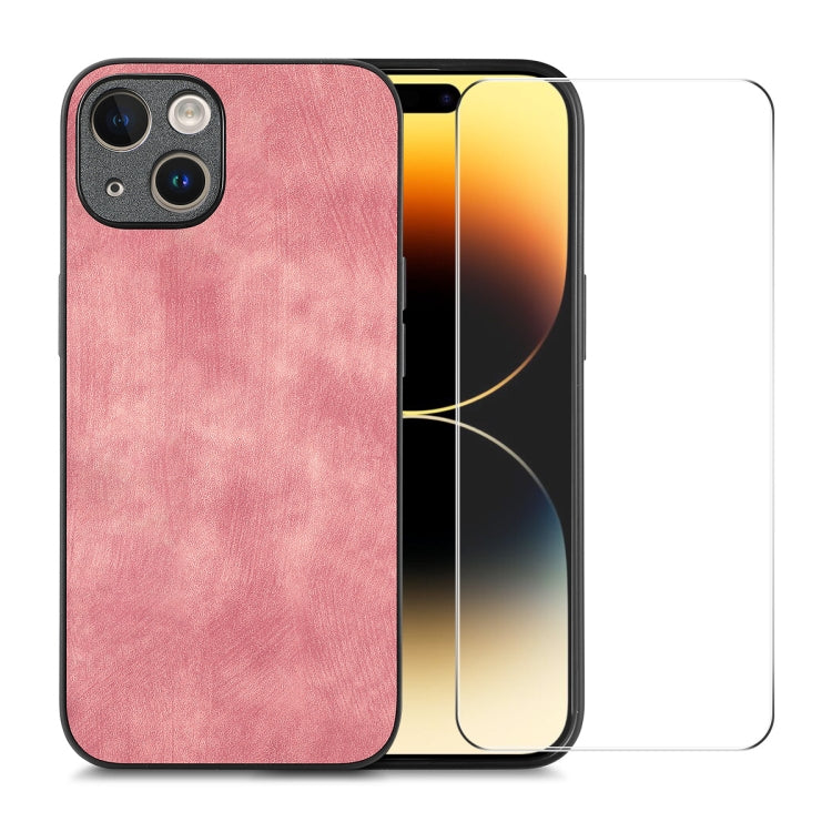 For iPhone 15 ENKAY Retro Leather Skin PC Phone Case with High Aluminum-silicon Glass Film(Pink) - iPhone 15 Cases by ENKAY | Online Shopping UK | buy2fix