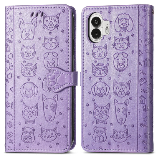 For Nothing Phone 2 Cat and Dog Embossed Leather Phone Case(Purple) by buy2fix