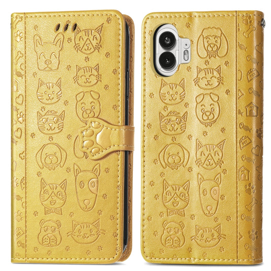 For Nothing Phone 2 Cat and Dog Embossed Leather Phone Case(Yellow) by buy2fix