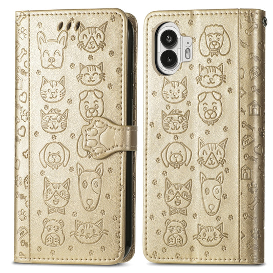 For Nothing Phone 2 Cat and Dog Embossed Leather Phone Case(Gold) by buy2fix