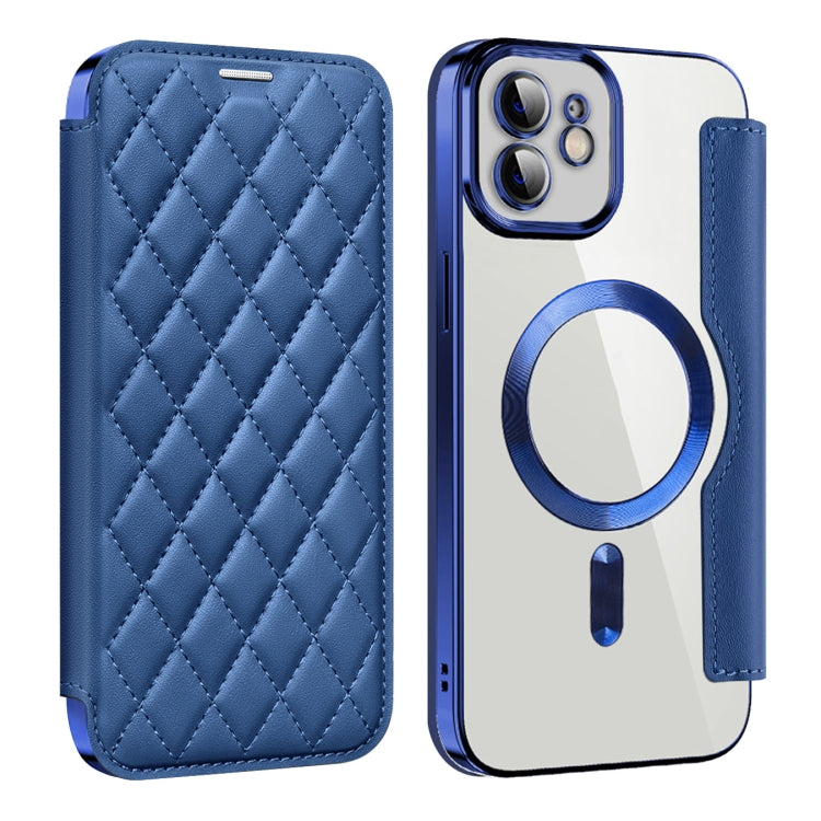 For iPhone 12 Pro Shield Magsafe RFID Anti-theft Rhombus Leather Phone Case(Dark Blue) - iPhone 12 / 12 Pro Cases by buy2fix | Online Shopping UK | buy2fix