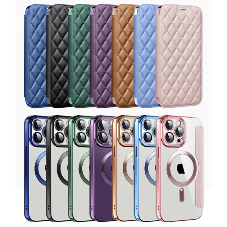 For iPhone 14 Shield Magsafe RFID Anti-theft Rhombus Leather Phone Case(Blue) - iPhone 14 Cases by buy2fix | Online Shopping UK | buy2fix