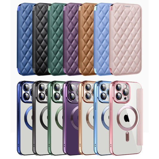 For iPhone 13 Pro Max Shield Magsafe RFID Anti-theft Rhombus Leather Phone Case(Dark Blue) by buy2fix