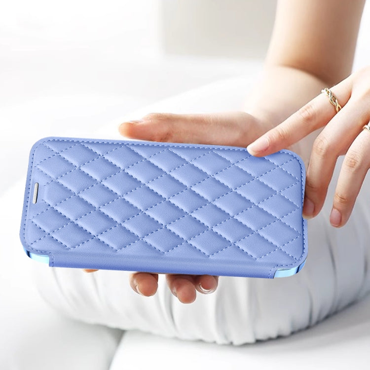 For iPhone 14 Shield Magsafe RFID Anti-theft Rhombus Leather Phone Case(Blue) - iPhone 14 Cases by buy2fix | Online Shopping UK | buy2fix