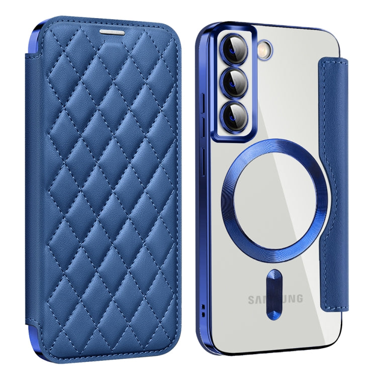 For Samsung Galaxy S22 5G Shield MagSafe RFID Anti-theft Rhombus Leather Phone Case(Dark Blue) - Galaxy S22 5G Cases by buy2fix | Online Shopping UK | buy2fix