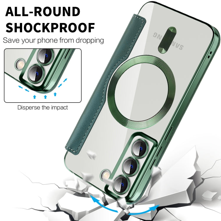 For Samsung Galaxy S22 5G Shield MagSafe RFID Anti-theft Rhombus Leather Phone Case(Green) - Galaxy S22 5G Cases by buy2fix | Online Shopping UK | buy2fix