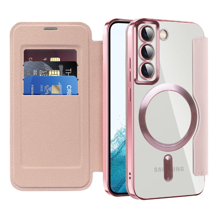 For Samsung Galaxy S22 5G Shield MagSafe RFID Anti-theft Rhombus Leather Phone Case(Pink) - Galaxy S22 5G Cases by buy2fix | Online Shopping UK | buy2fix