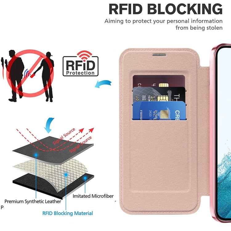 For Samsung Galaxy S22 5G Shield MagSafe RFID Anti-theft Rhombus Leather Phone Case(Pink) - Galaxy S22 5G Cases by buy2fix | Online Shopping UK | buy2fix