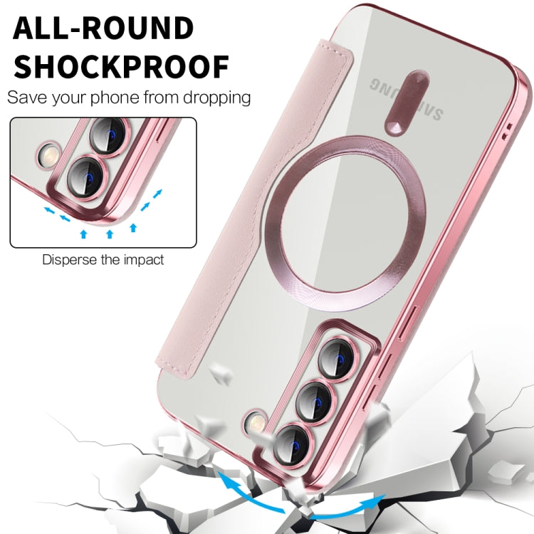 For Samsung Galaxy S22 5G Shield MagSafe RFID Anti-theft Rhombus Leather Phone Case(Pink) - Galaxy S22 5G Cases by buy2fix | Online Shopping UK | buy2fix