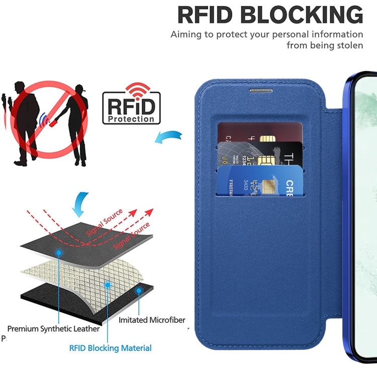For Samsung Galaxy S22+ 5G Shield MagSafe RFID Anti-theft Rhombus Leather Phone Case(Dark Blue) - Galaxy S22+ 5G Cases by buy2fix | Online Shopping UK | buy2fix