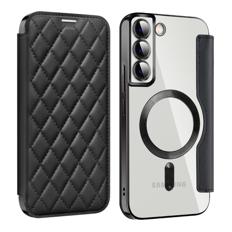 For Samsung Galaxy S22+ 5G Shield MagSafe RFID Anti-theft Rhombus Leather Phone Case(Black) - Galaxy S22+ 5G Cases by buy2fix | Online Shopping UK | buy2fix