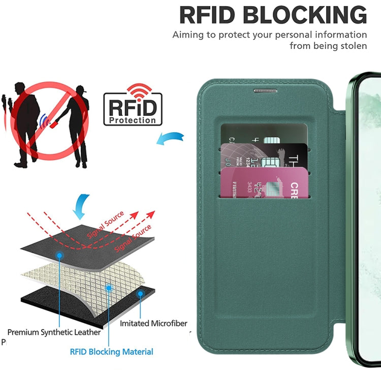 For Samsung Galaxy S22+ 5G Shield MagSafe RFID Anti-theft Rhombus Leather Phone Case(Green) - Galaxy S22+ 5G Cases by buy2fix | Online Shopping UK | buy2fix