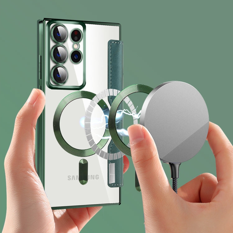 For Samsung Galaxy S22 Ultra 5G Shield MagSafe RFID Anti-theft Rhombus Leather Phone Case(Green) - Galaxy S22 Ultra 5G Cases by buy2fix | Online Shopping UK | buy2fix