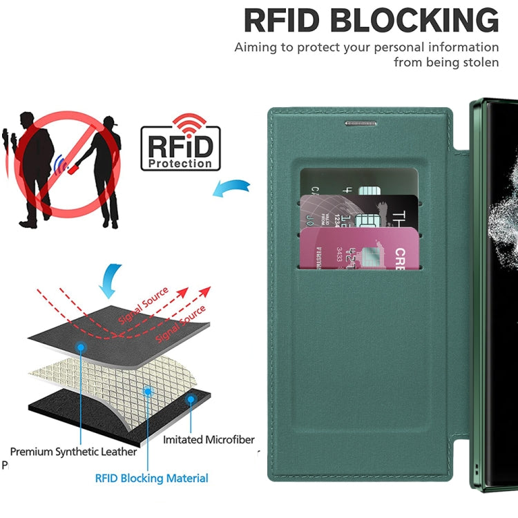 For Samsung Galaxy S22 Ultra 5G Shield MagSafe RFID Anti-theft Rhombus Leather Phone Case(Green) - Galaxy S22 Ultra 5G Cases by buy2fix | Online Shopping UK | buy2fix