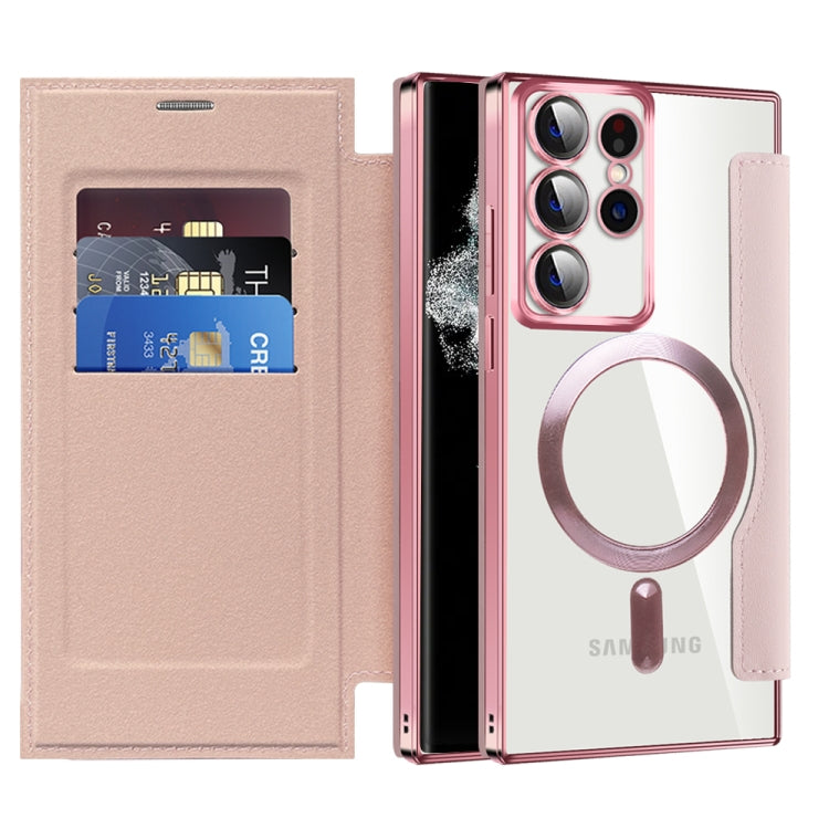 For Samsung Galaxy S22 Ultra 5G Shield MagSafe RFID Anti-theft Rhombus Leather Phone Case(Pink) - Galaxy S22 Ultra 5G Cases by buy2fix | Online Shopping UK | buy2fix