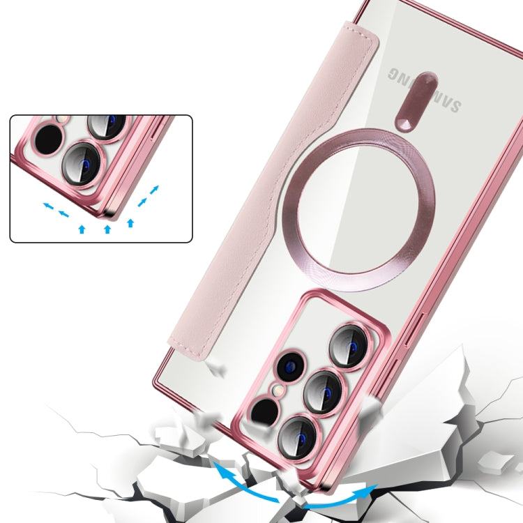 For Samsung Galaxy S22 Ultra 5G Shield MagSafe RFID Anti-theft Rhombus Leather Phone Case(Pink) - Galaxy S22 Ultra 5G Cases by buy2fix | Online Shopping UK | buy2fix