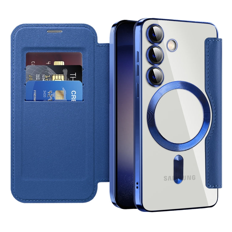 For Samsung Galaxy S24 5G Shield MagSafe RFID Anti-theft Rhombus Leather Phone Case(Dark Blue) - Galaxy S24 5G Cases by buy2fix | Online Shopping UK | buy2fix