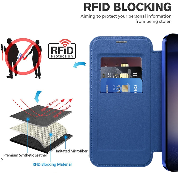 For Samsung Galaxy S24 5G Shield MagSafe RFID Anti-theft Rhombus Leather Phone Case(Dark Blue) - Galaxy S24 5G Cases by buy2fix | Online Shopping UK | buy2fix