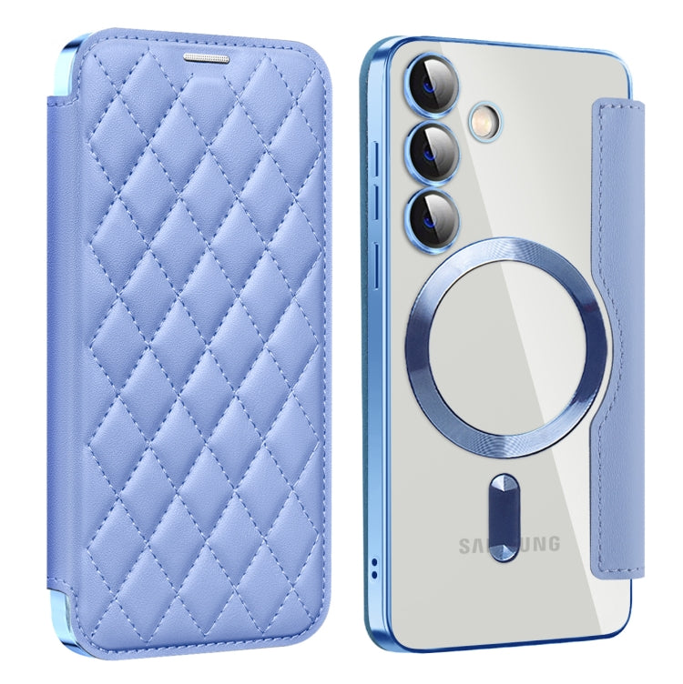 For Samsung Galaxy S24 5G Shield MagSafe RFID Anti-theft Rhombus Leather Phone Case(Blue) - Galaxy S24 5G Cases by buy2fix | Online Shopping UK | buy2fix