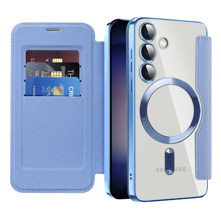 For Samsung Galaxy S24 5G Shield MagSafe RFID Anti-theft Rhombus Leather Phone Case(Blue) - Galaxy S24 5G Cases by buy2fix | Online Shopping UK | buy2fix