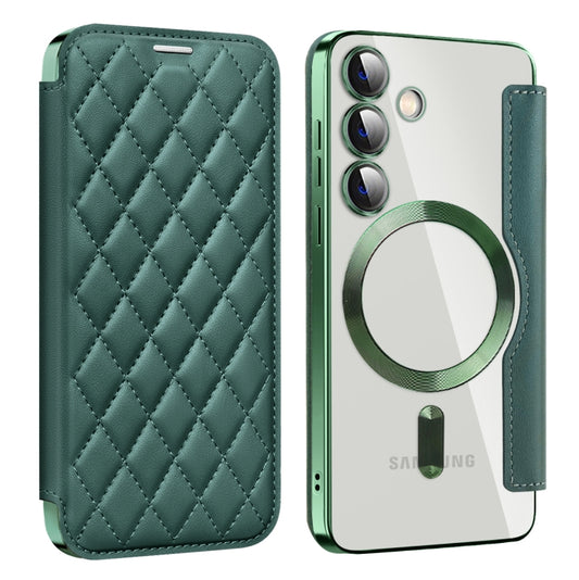 For Samsung Galaxy S24 5G Shield MagSafe RFID Anti-theft Rhombus Leather Phone Case(Green) - Galaxy S24 5G Cases by buy2fix | Online Shopping UK | buy2fix