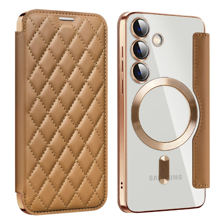 For Samsung Galaxy S24 5G Shield MagSafe RFID Anti-theft Rhombus Leather Phone Case(Brown) - Galaxy S24 5G Cases by buy2fix | Online Shopping UK | buy2fix