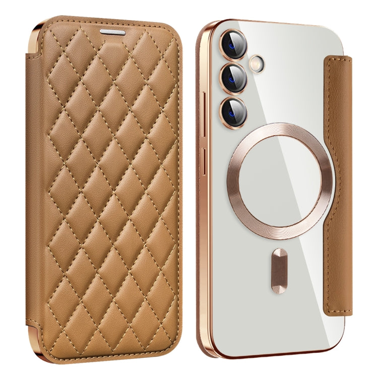 For Samsung Galaxy S23 FE 5G Shield MagSafe RFID Anti-theft Rhombus Leather Phone Case(Brown) - Galaxy S23 FE 5G Cases by buy2fix | Online Shopping UK | buy2fix