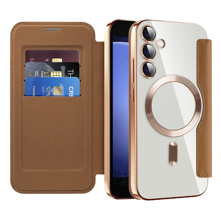 For Samsung Galaxy S23 FE 5G Shield MagSafe RFID Anti-theft Rhombus Leather Phone Case(Brown) - Galaxy S23 FE 5G Cases by buy2fix | Online Shopping UK | buy2fix