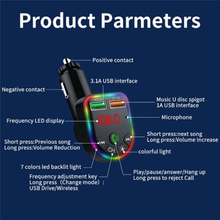 P5 Support U Disk Colorful Ambient Light Car Charger Digital Display Bluetooth Wireless Car MP3 Player by buy2fix