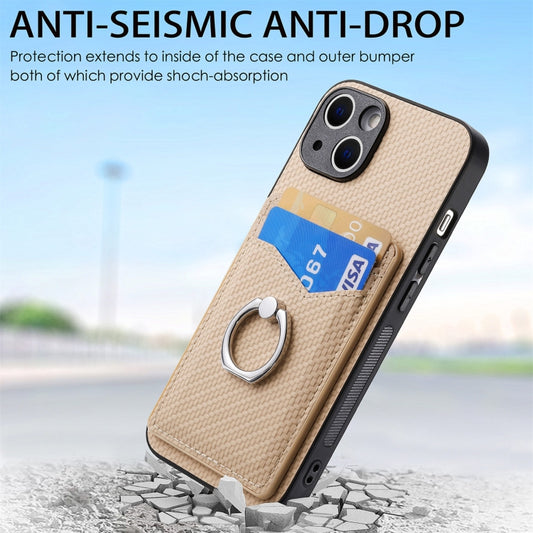For iPhone 15 Pro Max Carbon Fiber Card Wallet Ring Holder Phone Case(Khaki) - iPhone 15 Pro Max Cases by buy2fix | Online Shopping UK | buy2fix