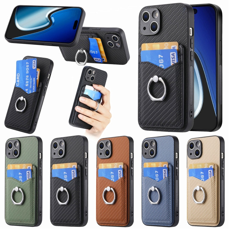 For iPhone 15 Pro Max Carbon Fiber Card Wallet Ring Holder Phone Case(Green) by buy2fix