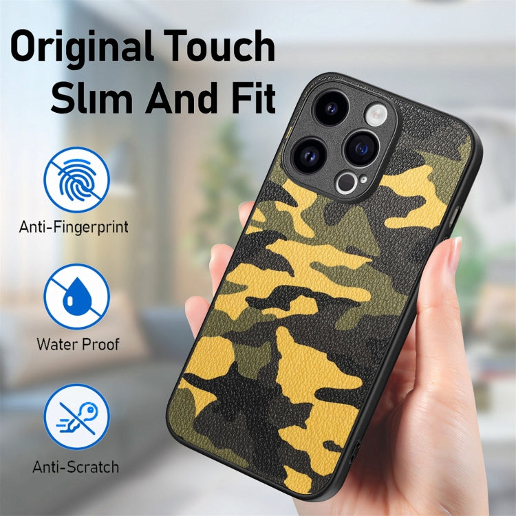 For iPhone 15 Pro Max Retro Camouflage Leather Back Phone Case(Yellow) by buy2fix