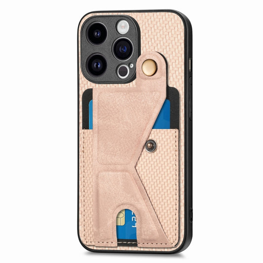 For iPhone 15 Pro max Carbon Fiber Wallet Flip Card K-shaped Holder Phone Case(Khaki) - iPhone 15 Pro Max Cases by buy2fix | Online Shopping UK | buy2fix