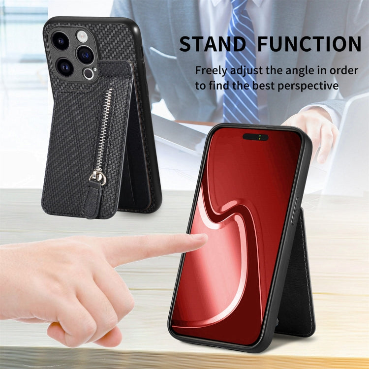 For iPhone 15 Pro Max Carbon Fiber Vertical Flip Zipper Phone Case(Black) by buy2fix