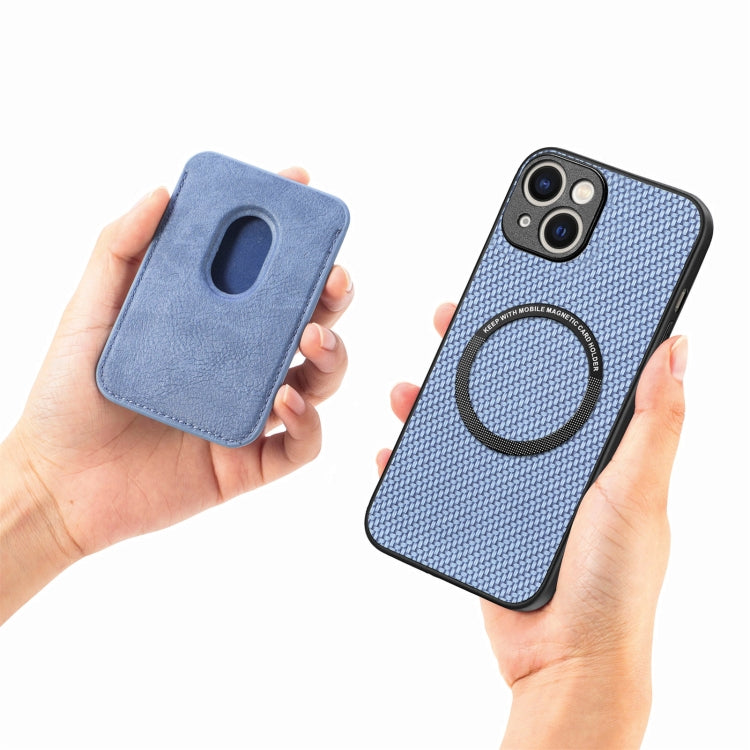 For iPhone 15 Carbon Fiber Leather Card Magsafe Phone Case(Blue) - iPhone 15 Cases by buy2fix | Online Shopping UK | buy2fix