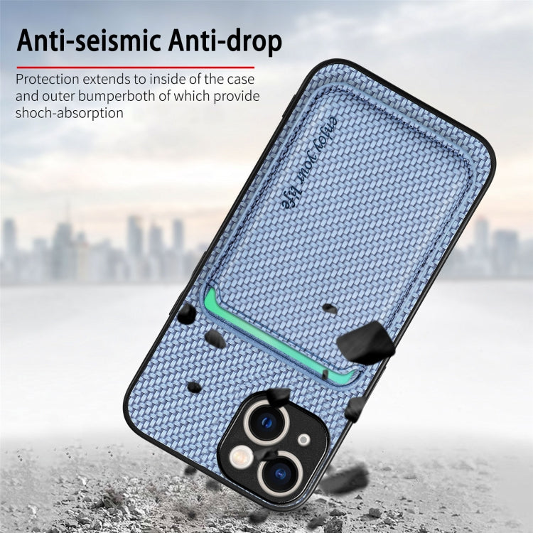 For iPhone 15 Carbon Fiber Leather Card Magsafe Phone Case(Blue) - iPhone 15 Cases by buy2fix | Online Shopping UK | buy2fix