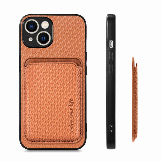 For iPhone 15 Carbon Fiber Leather Card Magsafe Phone Case(Brown) by buy2fix