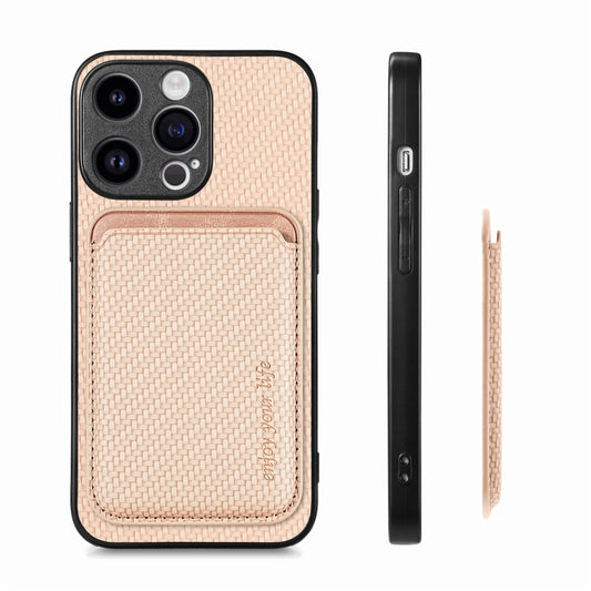 For iPhone 15 Pro Carbon Fiber Leather Card Magsafe Phone Case(Khaki) by buy2fix