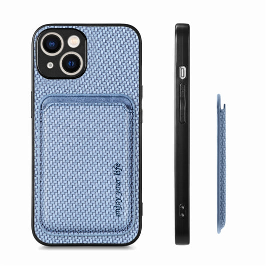 For iPhone 15 Plus Carbon Fiber Leather Card Magsafe Phone Case(Blue) by buy2fix