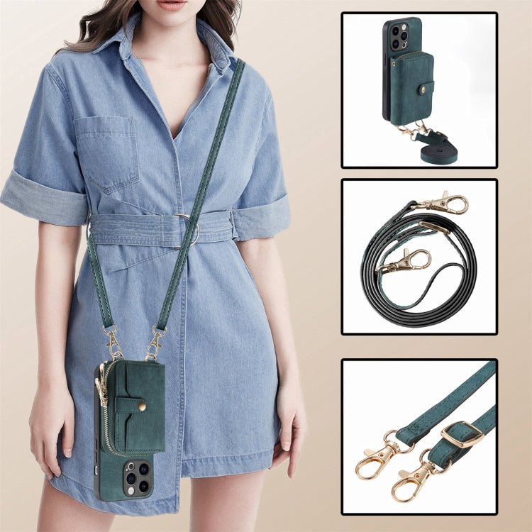 For iPhone 15 Pro Max Crossbody Multi-function Zipper Wallet Phone Case(Green) by buy2fix