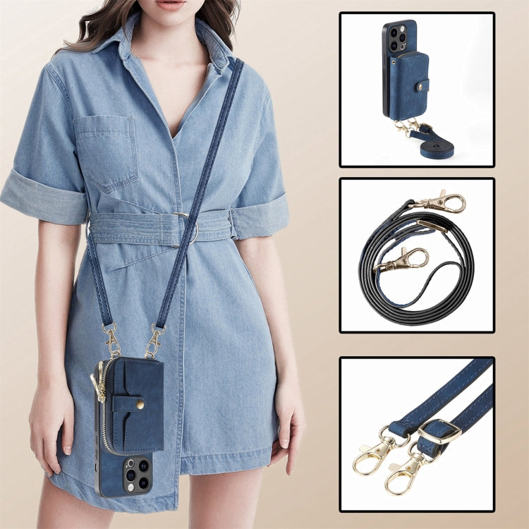 For iPhone 15 Pro Max Crossbody Multi-function Zipper Wallet Phone Case(Blue) by buy2fix