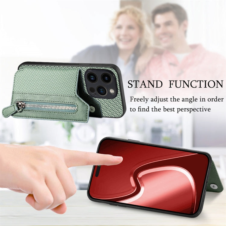 For iPhone 15 Pro Max Carbon Fiber Horizontal Flip Zipper Wallet Phone Case(Green) by buy2fix